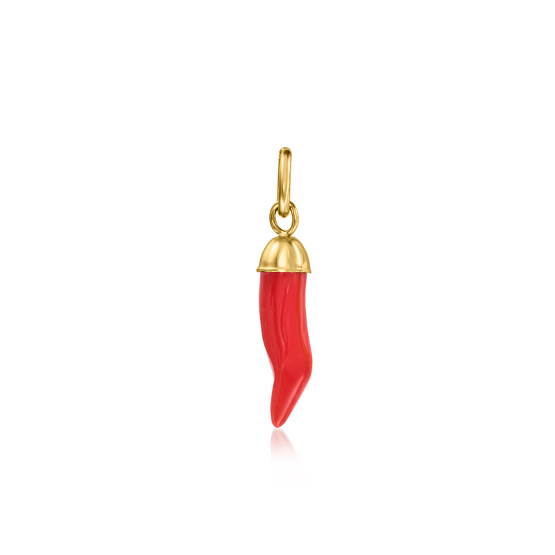 14kt yellow gold horn charm with red coral-style enamel drop