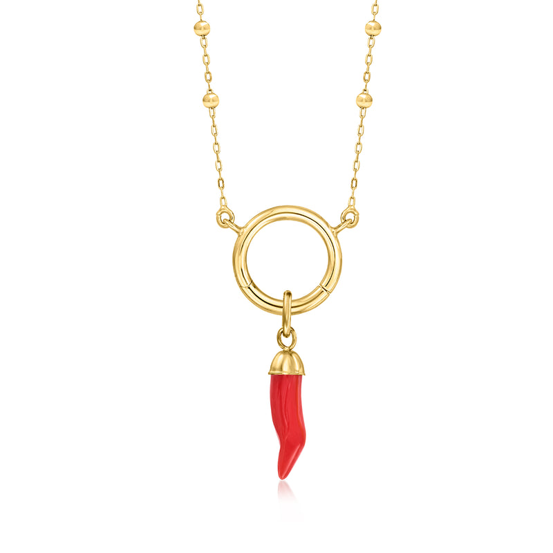 Gold beaded chain necklace with round ring and red horn charm drop