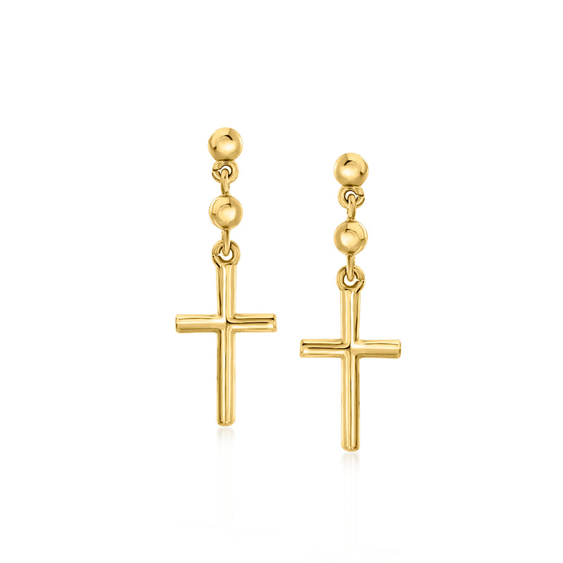 14kt yellow gold cross drop earrings with dangling cross charms