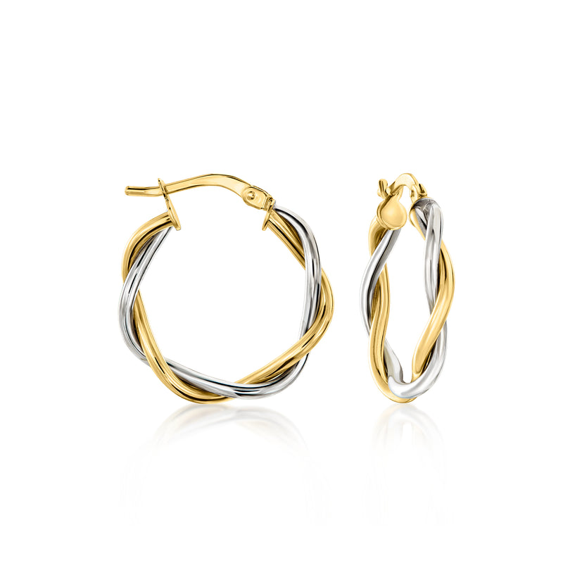 Two-tone twisted hoop earrings, gold and silver