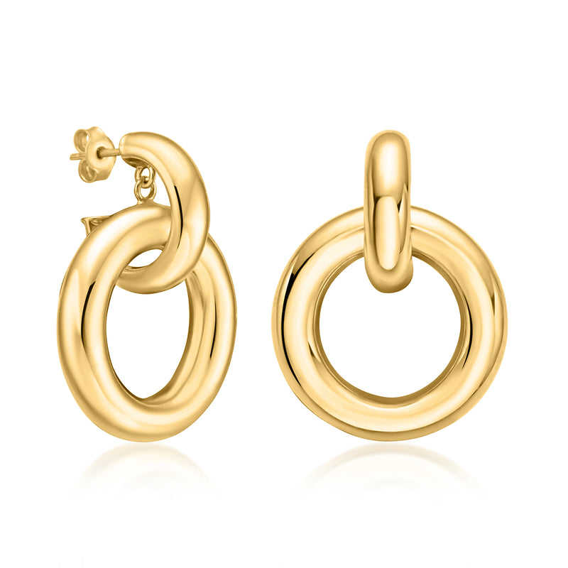 Yellow gold C-hoop drop earrings with two oval hoops and hinged posts