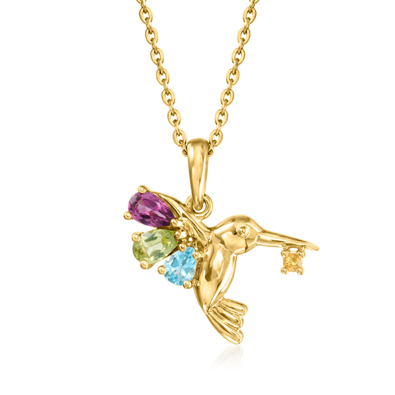 Gold hummingbird pendant necklace with pink, green, and blue gemstones