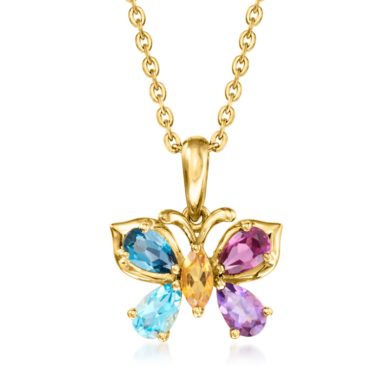 Gold butterfly pendant necklace with blue and purple gemstone petals