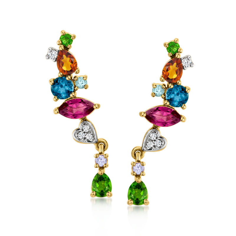 18kt gold over sterling multi-gem drop earrings with green, blue, purple, orange stones