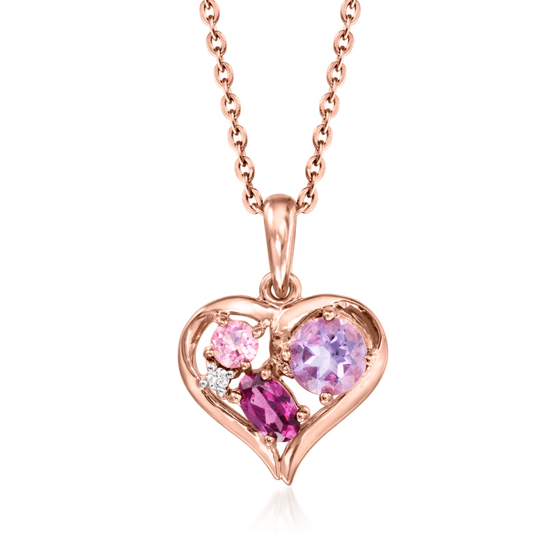 Rose gold heart pendant necklace with pink and purple gemstones on a chain