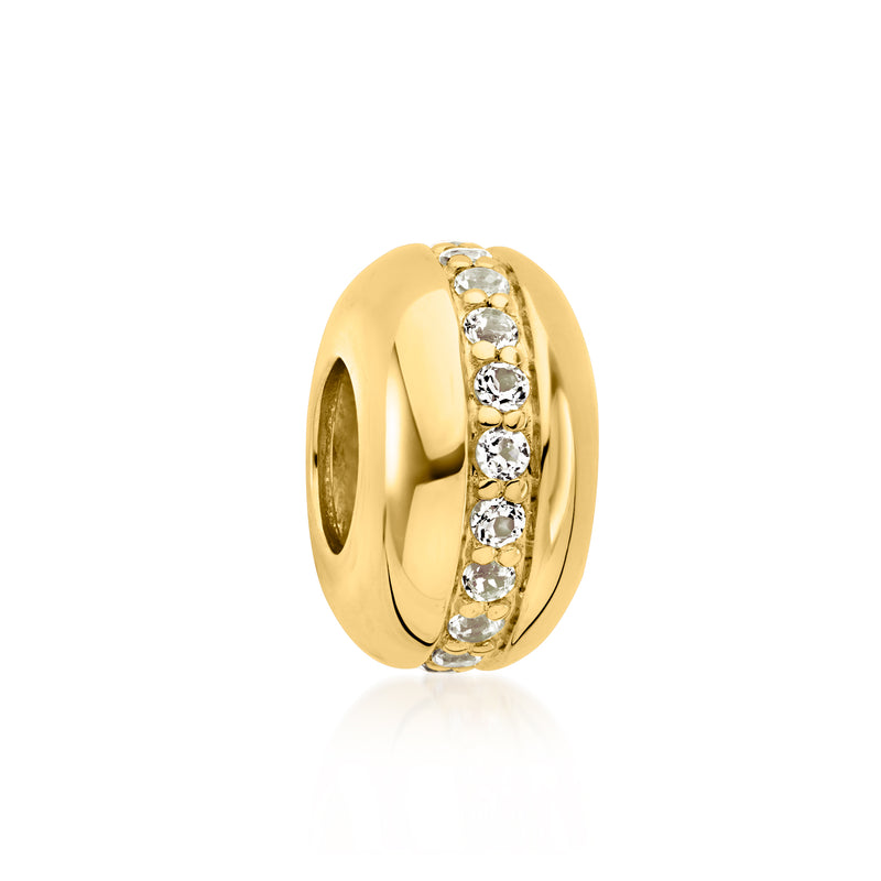 18kt gold over sterling white topaz striped bead charm with round clear stones, oval view