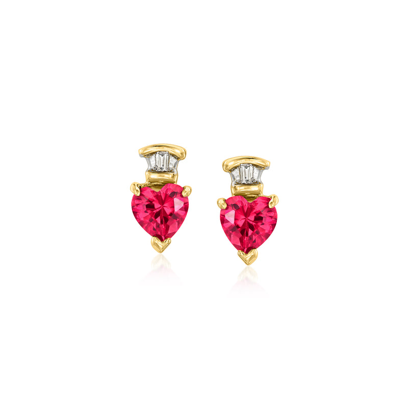 10k yellow gold heart stud earrings with pink synthetic ruby centers and clear accents