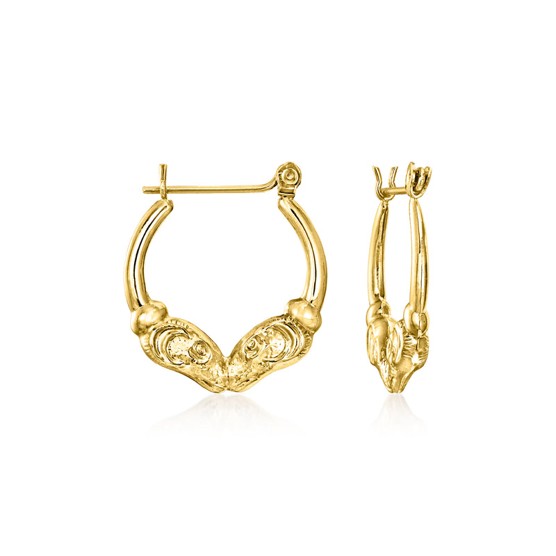 14kt yellow gold claddagh hoop earrings with heart detail and hinged closure