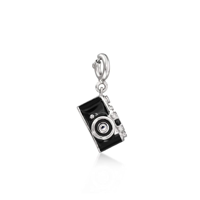 Sterling silver camera charm with black enamel lens detail and small clasp ring