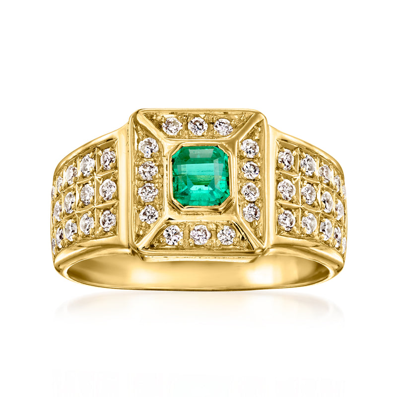 18kt yellow gold vintage ring with square emerald center and diamond accents