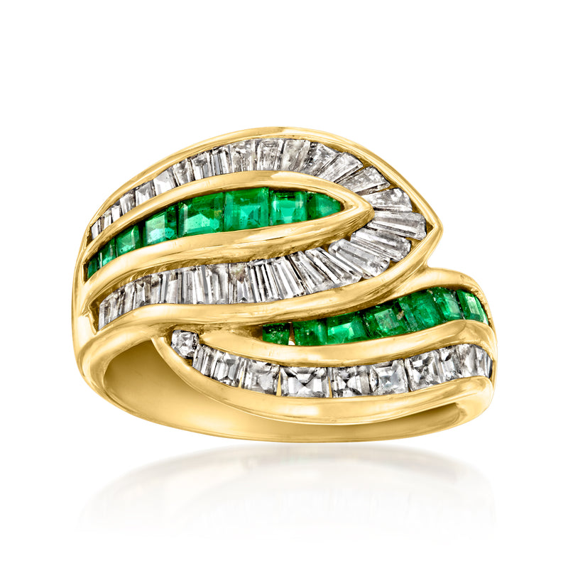 18kt yellow gold diamond and emerald green crossover ring with baguette diamond bands