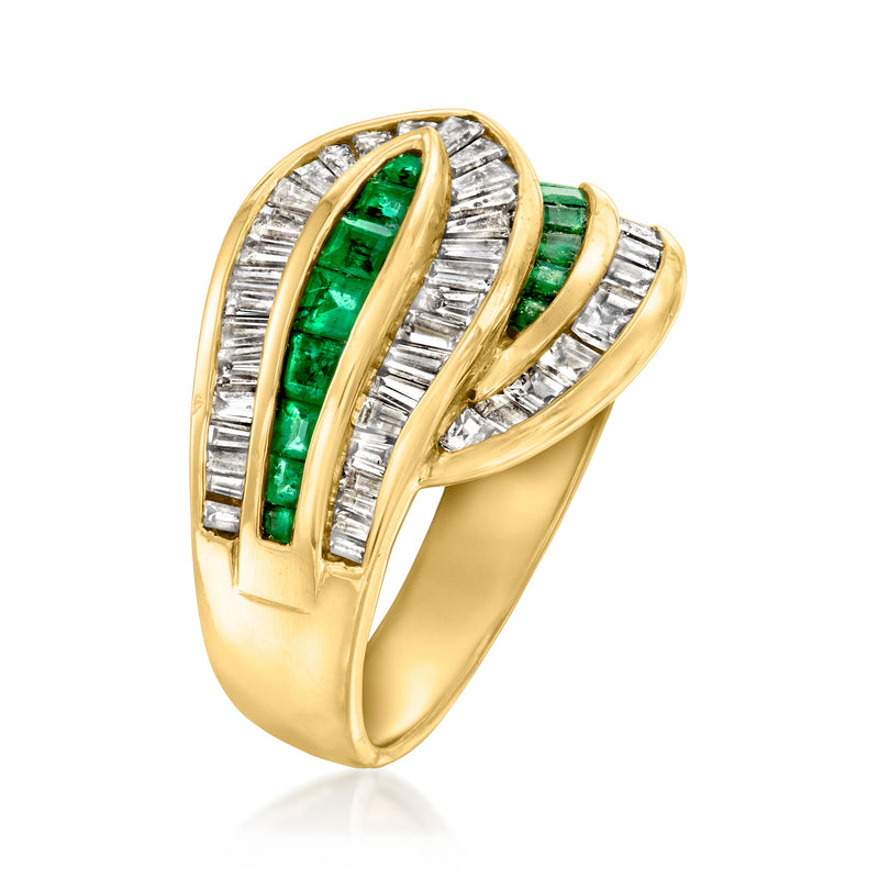 18kt yellow gold emerald green and baguette diamond crossover ring, side view