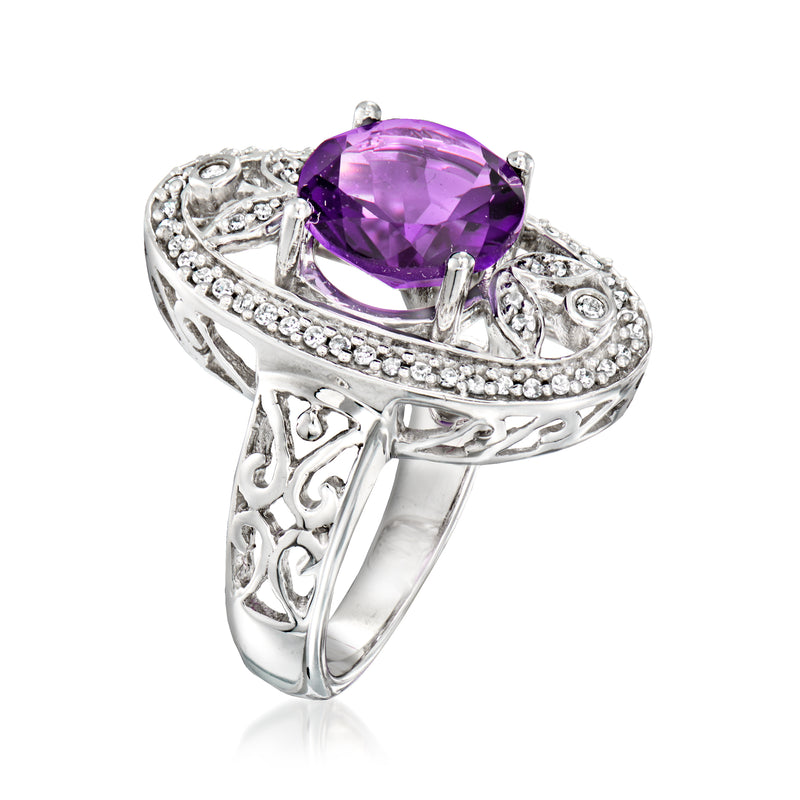 14kt white gold openwork ring with large purple amethyst center and diamond border