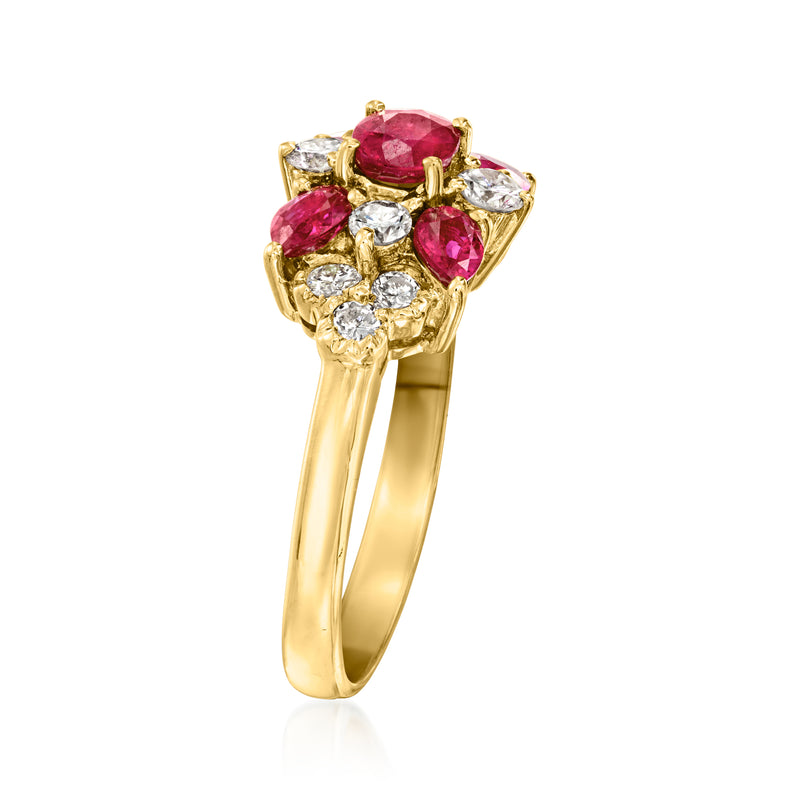 18kt yellow gold ruby and diamond cluster ring, side view, pink stones and round diamonds