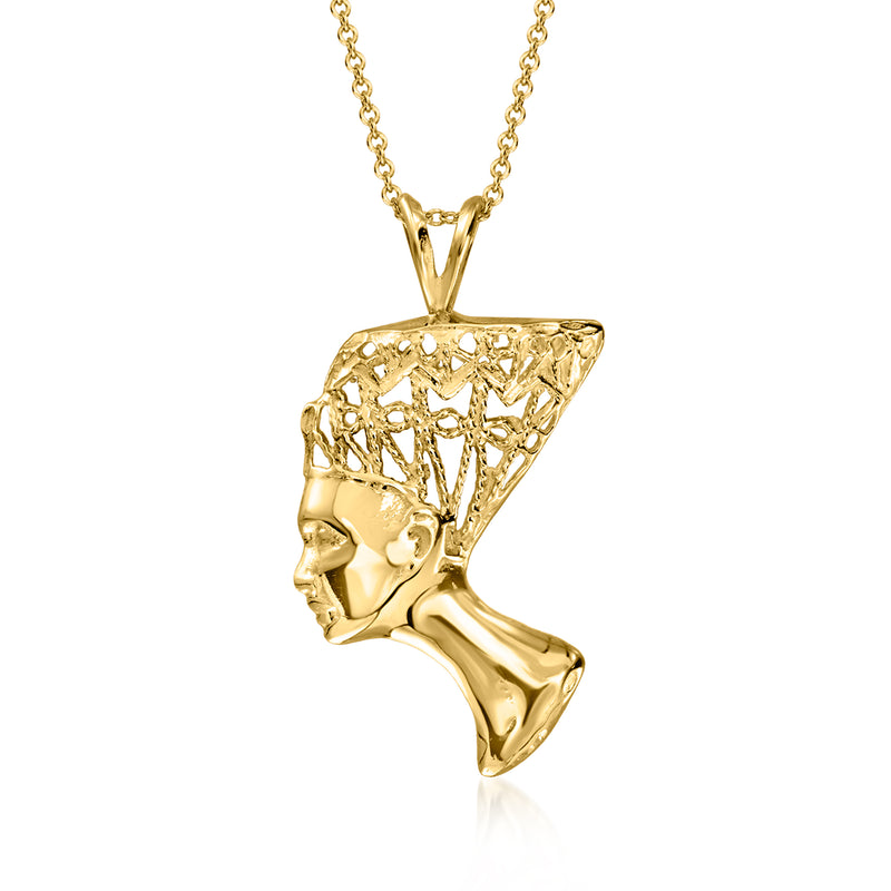 14kt yellow gold pendant necklace with profile Nefertiti face and filigree detail