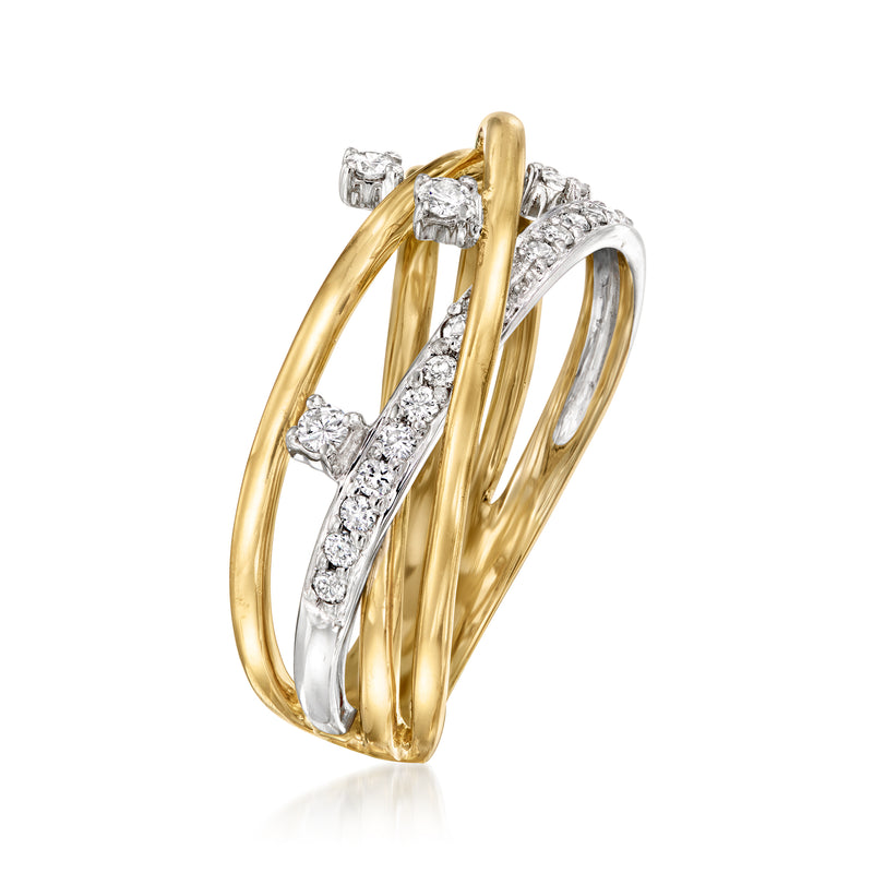 Gold diamond highway ring, angled view with interwoven bands and channel-set square gems