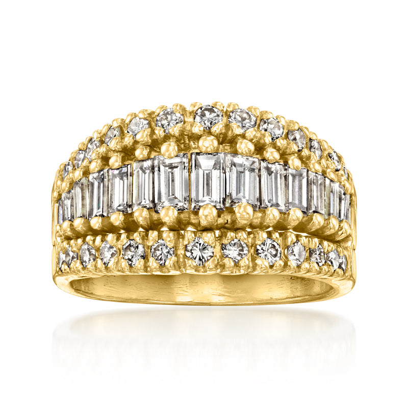 18kt yellow gold three-row diamond band ring with baguette and round stones