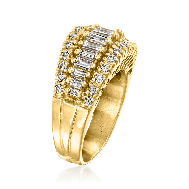 Side view of 18kt yellow gold three-row diamond ring with baguette and round stones
