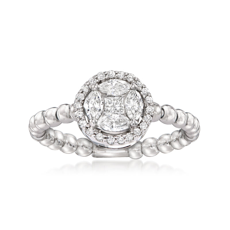 White gold diamond beaded ring with oval center stone and halo of small diamonds