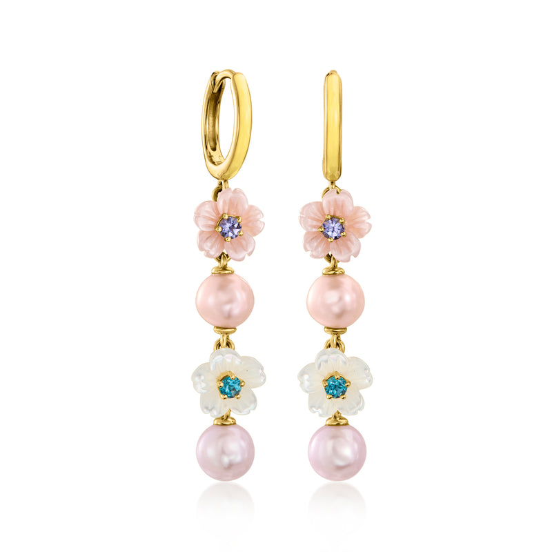 Gold drop earrings with pink floral accents and dangling pearls.