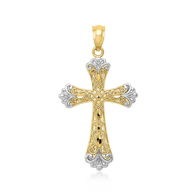 Two-tone gold reversible cross pendant with ornate filigree cross, silver and yellow gold