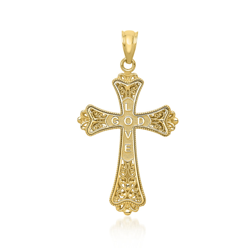 Two-tone gold reversible cross pendant, yellow gold side with LOVE text and filigree