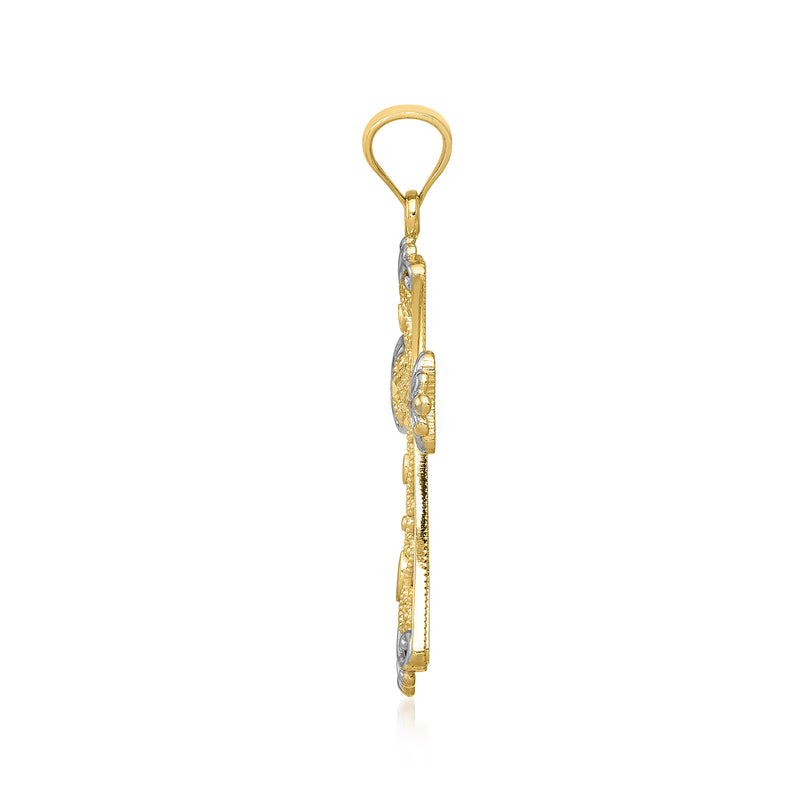 Two-tone gold reversible cross pendant, side view with loop bail and detailed edges