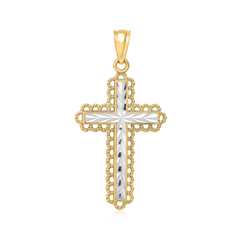 Two-tone 14kt gold diamond-cut cross pendant with pave accents and bail