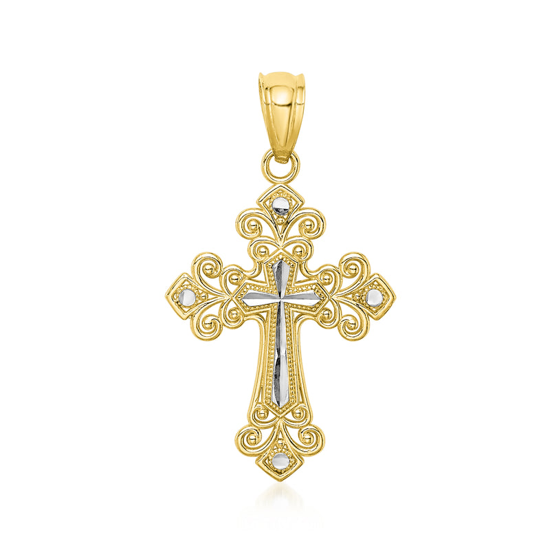 Two-tone gold cross pendant with diamond-cut scrollwork and small round accents