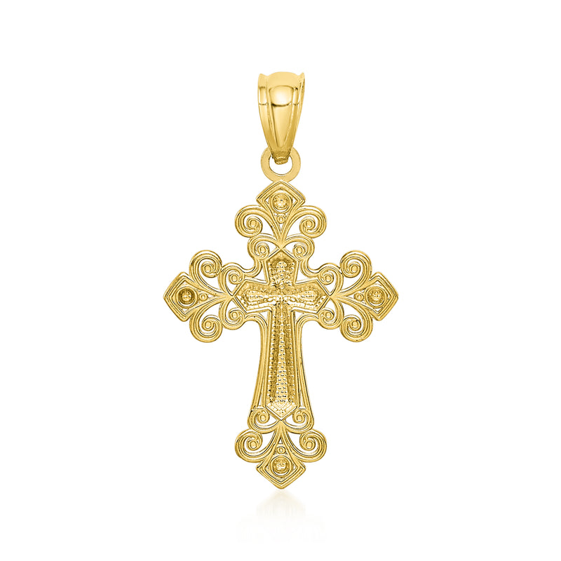 Two-tone gold cross pendant with diamond-cut filigree and round inset accents