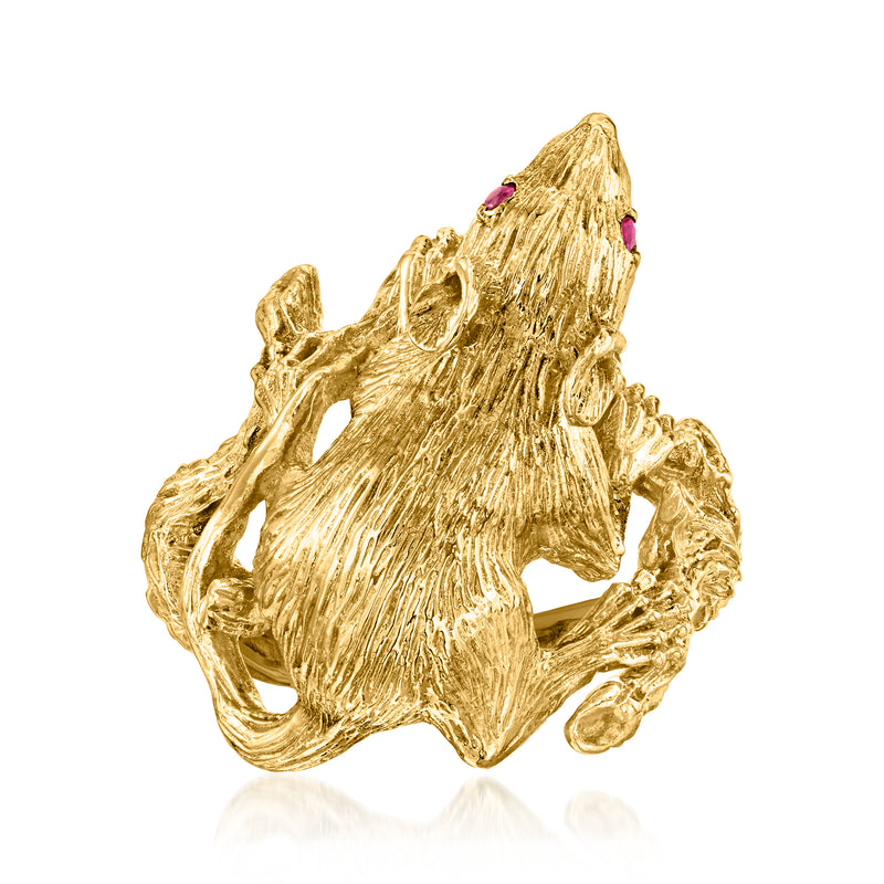 18kt yellow gold mouse ring with carved texture and small ruby eyes