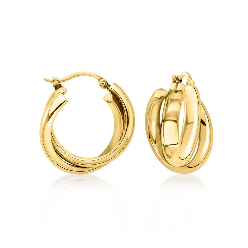 Vintage 14kt yellow gold double-hoop hoop earrings, hinged clasp, polished finish