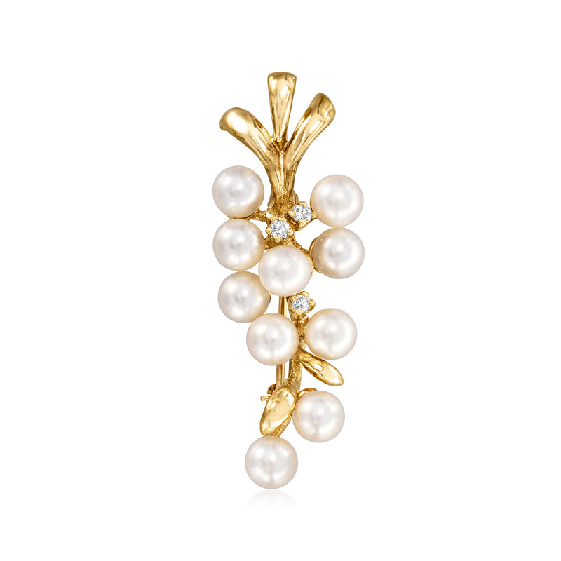 14kt yellow gold pearl pin pendant with clustered white cultured pearls and diamond accents