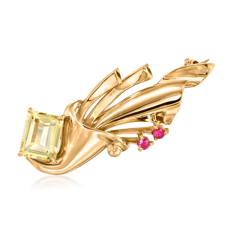 Gold ribbon pin with rectangular pale yellow-green gemstone and pink round stones