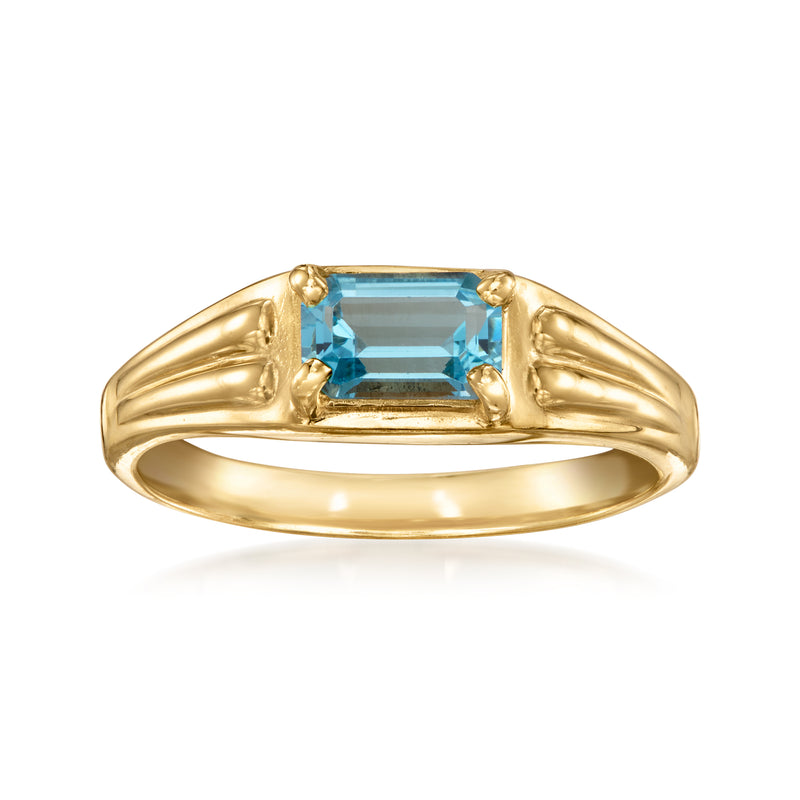 Vintage Swiss blue topaz ring in 14kt yellow gold with rectangular gemstone