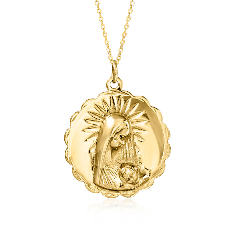 10kt yellow gold Mary and Child pendant necklace with circular relief medallion