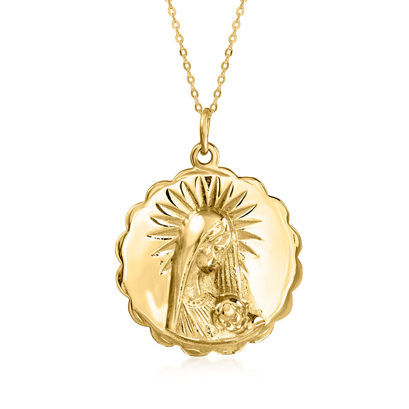 10kt yellow gold Mary and Child pendant necklace with round scalloped medallion