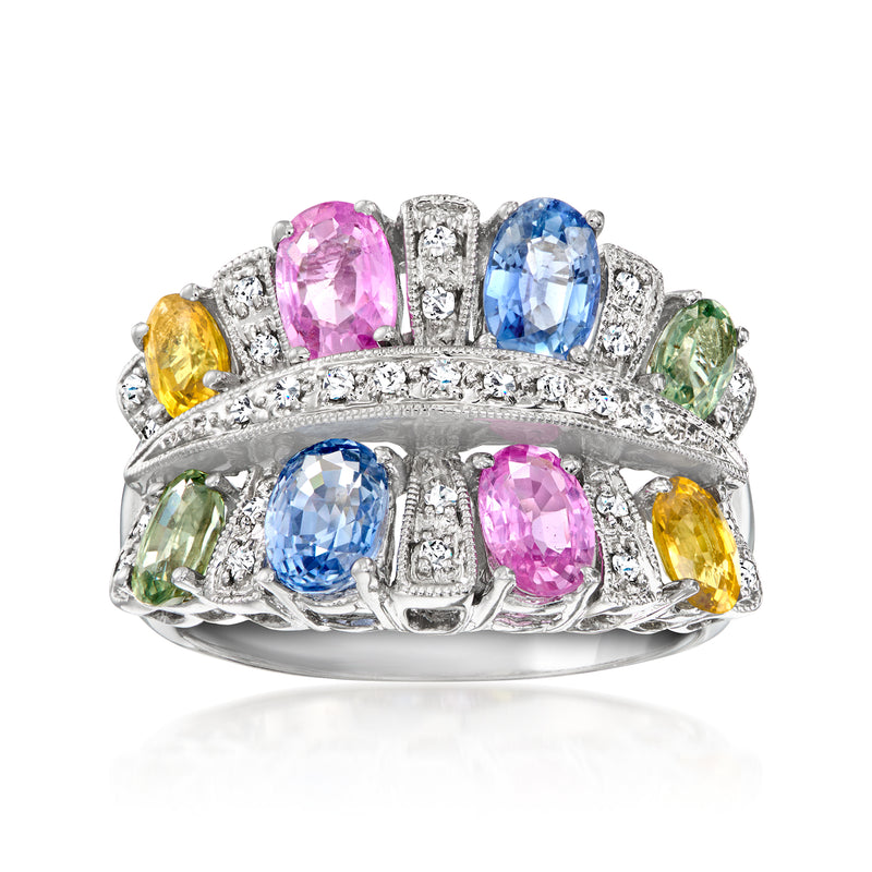 Multicolored sapphire and diamond ring in 14kt white gold, front view