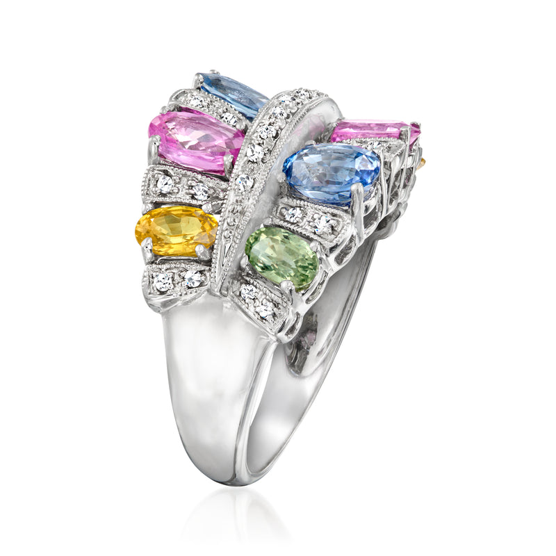 Multicolored gemstone and diamond cluster ring in white gold, side view with four colored stones