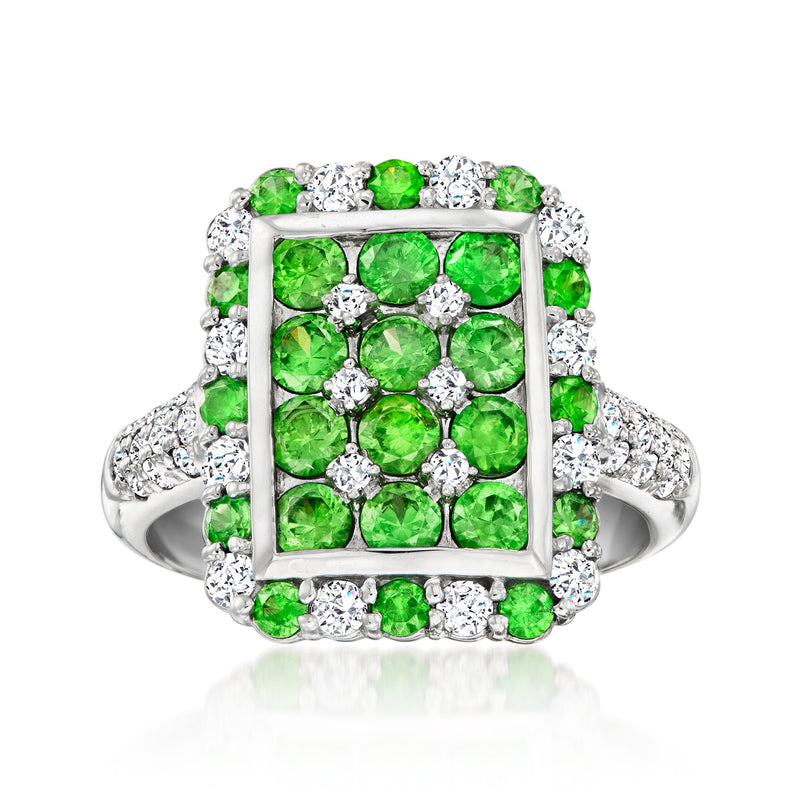 Platinum vintage square ring with green tsavorite center and diamond halo, size 6