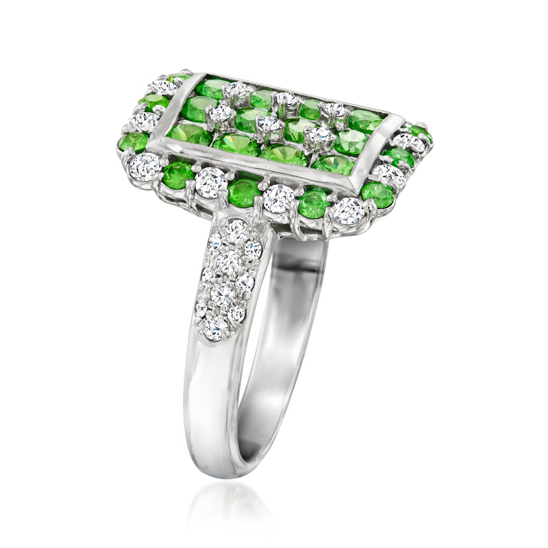 Platinum tsavorite and diamond ring with rectangular green stones