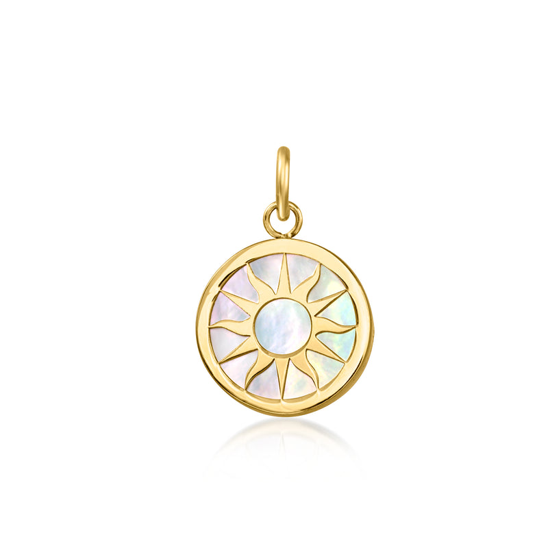 14kt yellow gold sun charm with mother-of-pearl center and scalloped rays