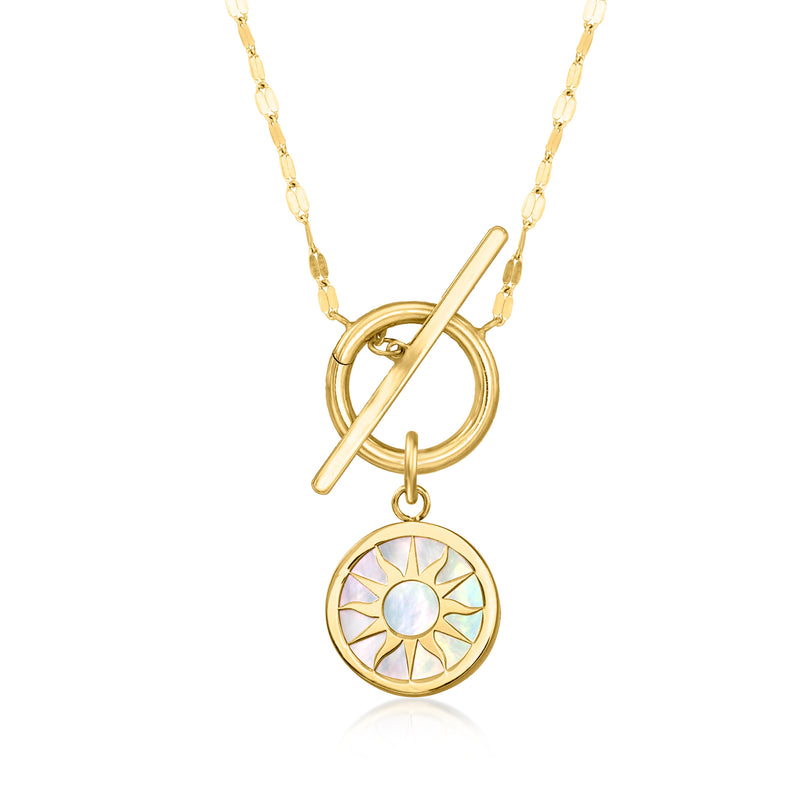 Round 14kt yellow gold sun charm with mother-of-pearl inlay on chain