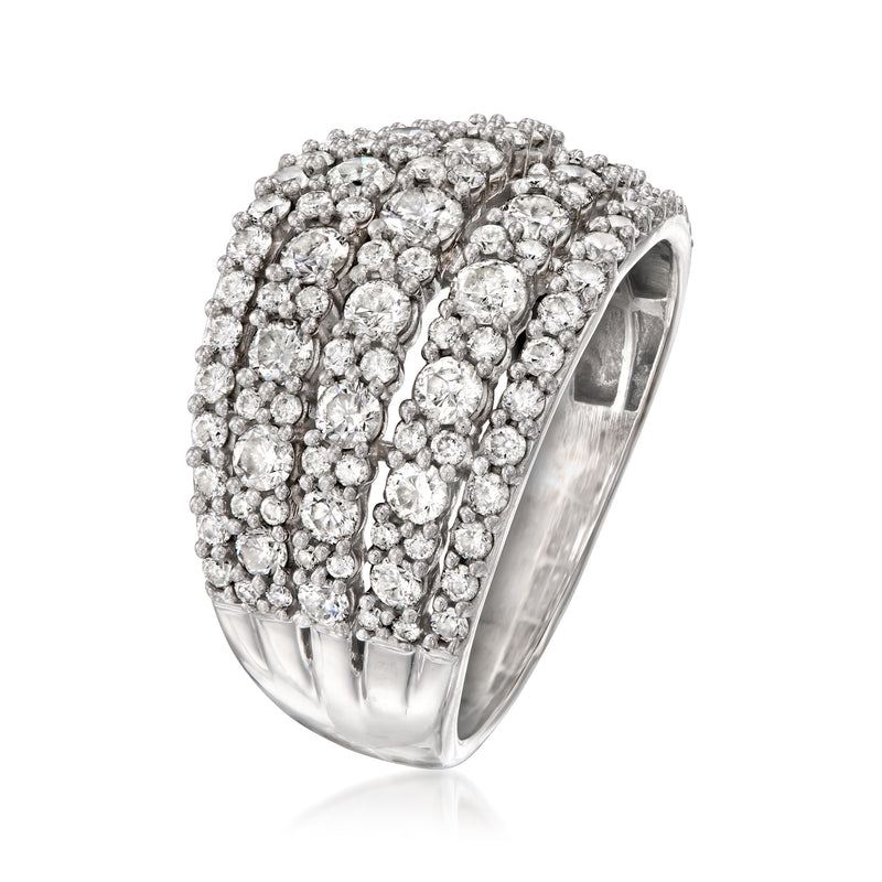 Multi-row diamond ring in 14kt white gold, clustered stones across the band