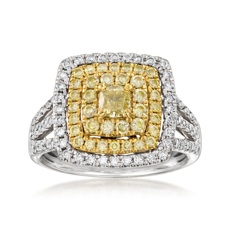 Two-tone diamond cluster ring with square yellow and white stone halo