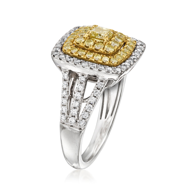 Two-tone diamond cluster ring with yellow square center and white diamond sides