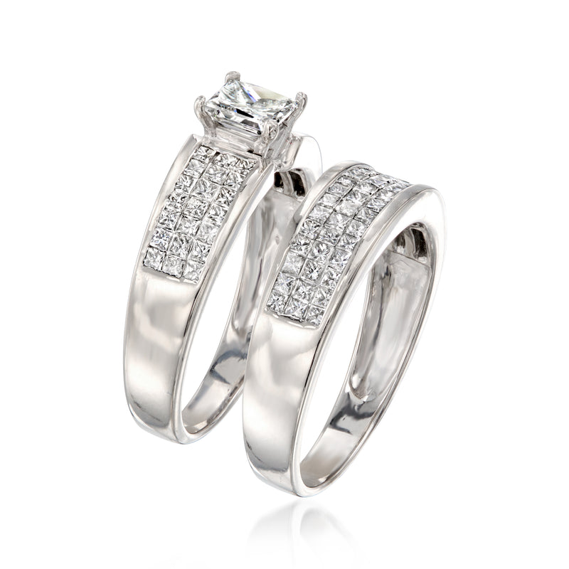 Diamond bridal set rings in white gold with princess-cut center and baguette diamond side bands