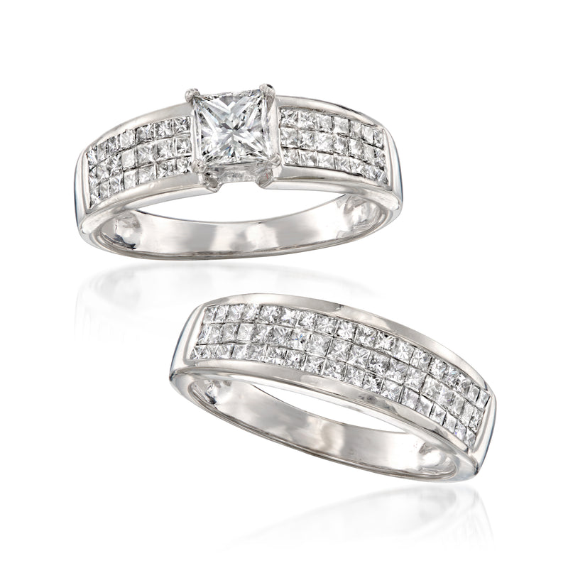 Diamond bridal set in white gold with princess-cut engagement ring and matching band