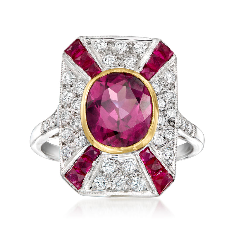 Vintage rhodolite garnet, ruby, and diamond ring in 18kt white gold