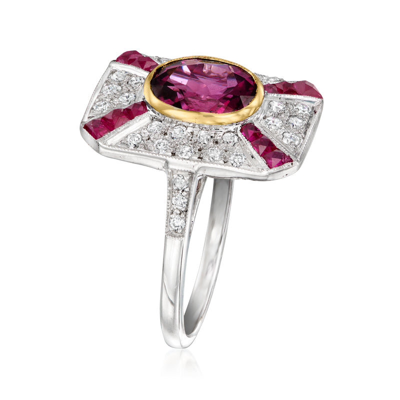Vintage 18kt white gold ring with oval rhodolite garnet, rubies, and diamonds